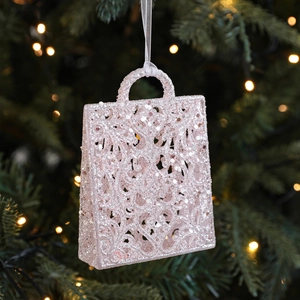 Pink glitter shopping bag Christmas tree ornament with elegant hollow patterns and ribbon