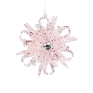 Pink glitter Christmas tree snowflake ornament with a central clear rhinestone gem