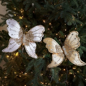 Sparkling velvet butterfly Christmas ornaments with glitter and rhinestones on tree