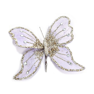 Elegant purple velvet butterfly ornament with gold glitter and rhinestones on a metal clip