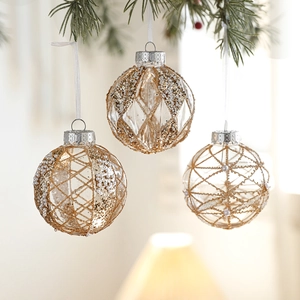 8cm clear Christmas tree hanging ornaments with gold glitter patterns on pine branches