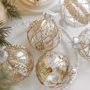 8cm clear Christmas ball ornament with gold glitter lattice and white pearl beads