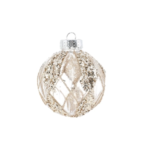 8cm clear plastic Christmas ball ornament with gold glitter and white pearl lattice pattern