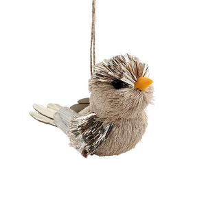 Funkelndes Vogel-Ornament aus gewebtem Stroh mit Silberglitzer und Juteseil zum Aufhängen