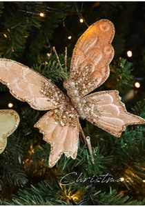 Details von Samt-Schmetterlingsclip in Champagnergold mit Pailletten für den Weihnachtsbaum