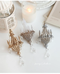 Detailed view of glittery chandelier Christmas ornaments with faux crystal drops