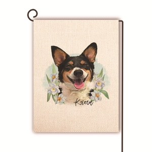 Texture détaillée du drapeau de jardin en lin avec motif de chien Corgi et support