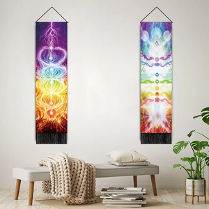 Meditation chakra wall tapestry set with energy symbols and black decorative tassels