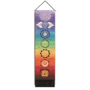 Detailed view of Seven Chakra vertical tapestry with rainbow gradients and black tassels
