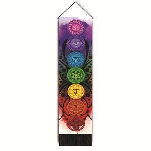 Vertical seven chakra wall tapestry with black tassels and sacred Sanskrit symbols