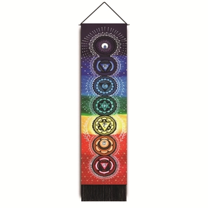 Vertical seven chakra wall tapestry with rainbow colors and tassels for meditation decor