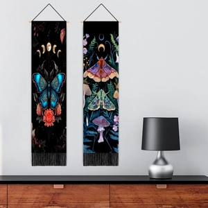 Butterfly and lunar eclipse tapestry set with wooden rod and black tassels for wall decor