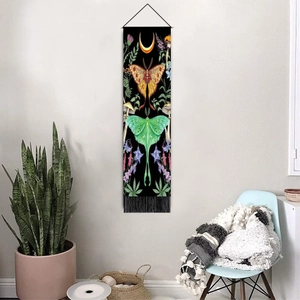 Vertical butterfly lunar eclipse wall tapestry with floral mushroom patterns and tassels
