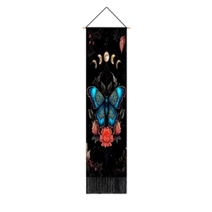 Vertical wall tapestry with blue butterfly moon phase design and long black fringe details