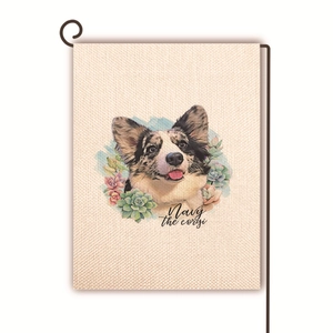 Drapeau de jardin en lin double face avec corgi bleu merle, plantes et support en métal