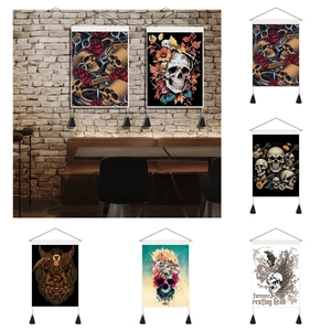 Gothic Skeleton Wall Hanging Tapestry Retro Barbershop Floral Skull Art Scroll With Wood Rod Tassels For Halloween Home Decor