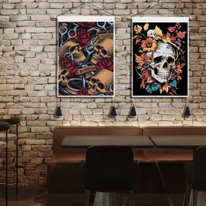 Barbershop skull and floral skeleton wall tapestries with wooden poles and tassels