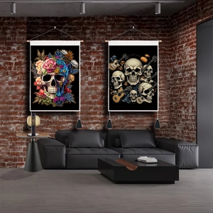 Gothic skull wall tapestries with colorful flowers and tassels on a brick wall