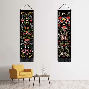 Bohemian forest tapestry set with colorful mushroom and butterfly on black background