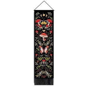 Vertical bohemian tapestry with colorful mushrooms, moths and moon phases on black fabric