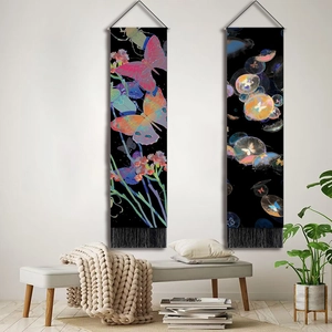 Vertical butterfly and jellyfish decorative tapestries with black tassels for home wall art