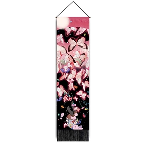 Detailed close-up of a butterfly art tapestry with pink moon and black hanging tassels
