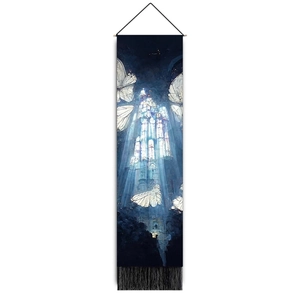 Detail view of butterfly tapestry with gothic stained glass pattern and black fringes