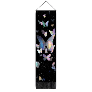Vertical butterfly scroll tapestry with vibrant watercolor design and black silk tassels