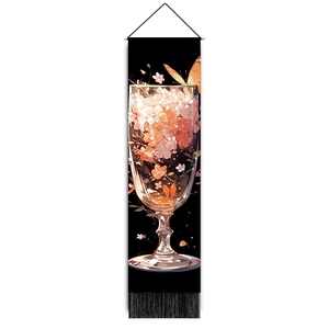 Vertical floral butterfly tapestry with pink flowers in glass and black tassels
