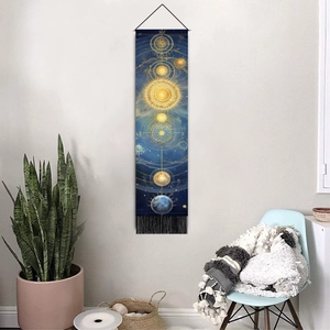 Space series planetary alignment tapestry with celestial patterns and black fringe