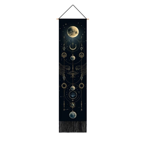 Vertical wall hanging tapestry featuring cosmic moon phases and sacred geometry with fringe