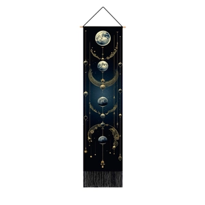 Detailed moon phase wall hanging with wooden pole, gold accents and black tassels