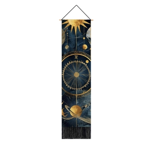 Close-up of space series hanging tapestry with golden planets and black fringe detail