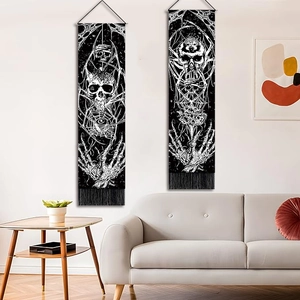 Tapisserie Murale Gothique Crâne Toile D'araignée Coton Polyester Vertical Décoration Maison Avec Gland Et Tige En Bois