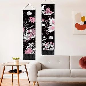 Gothic Skull Floral Wall Tapestry Vertical Hanging Cloth With Wooden Bar And Tassels Dark Mystical Bedroom Living Room Decor