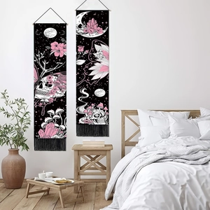 Set of 2 Gothic skull tapestries with pink crystals and moon phases for room decoration
