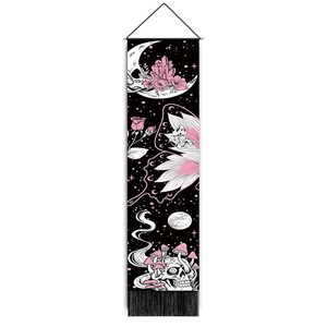 Vertical skull and flower tapestry with black fringe and wooden bar for room decor