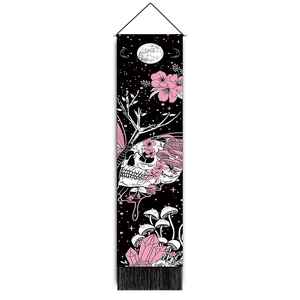 Skull and floral gothic wall tapestry with mushrooms, stars and black tassels decoration