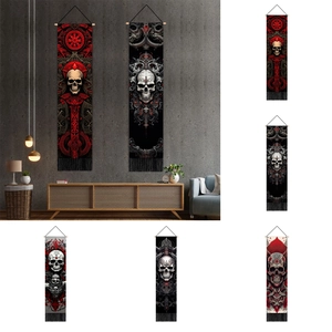 Gothic Skull Tapestry Wall Hanging With Tassels And Wooden Rod Dark Art Background For Bedroom Living Room Decor