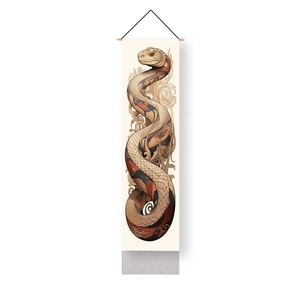 Tapiz vertical con diseño de serpiente y flores, barra de madera y borlas grises