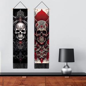 Gothic skull wall tapestry set with wooden rod and black tassels for home decor