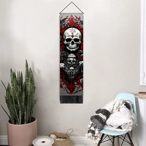 Gothic skull and rose wall tapestry with black tassels for dark home room decoration