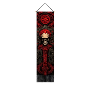 Gothic skull wall tapestry with red mystic runes and black tassels on a wooden rod