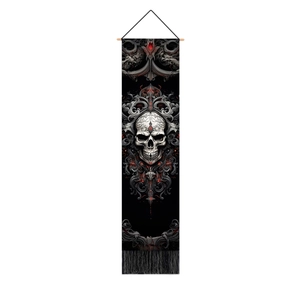 Vertical gothic skull tapestry featuring wood hanger and black fringe tassel decor