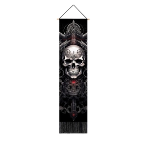 Detail of dark skull tapestry with ornate patterns, wooden rod and black silk tassels