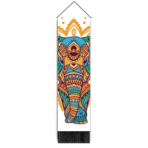 Bohemian tapestry featuring colorful elephant and mandala patterns with elegant black tassels