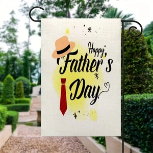 Linen Father's Day garden flag with Happy Father's Day text and tie design on metal stand
