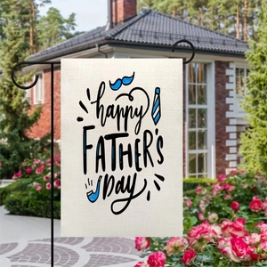 Linen garden flag with Happy Father's Day text and tie graphic on a metal stand