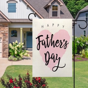 Close-up of Happy Father's Day linen garden flag with pink hearts and black metal stand