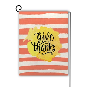 Linen garden flag with Give Thanks slogan, orange stripes and black metal hanger